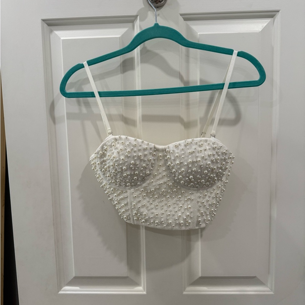 White Pearl Embellished Bustier Top